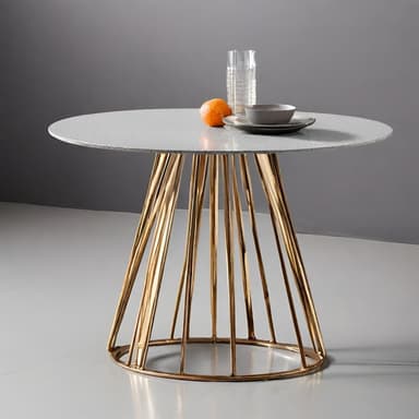 Elevate your dining space with this luxurious table, featuring a sturdy golden metal base with an intricate rod design that provides both stability and chic elegance. The smooth stone top in a sleek round shape offers a robust surface for your dining pleasure. Perfect for both everyday meals and special occasions, this table easily complements any modern or glam decor.